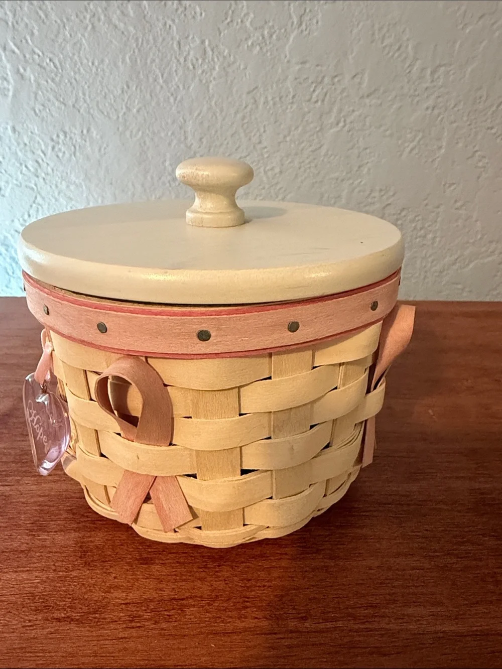 Longaberger Cream and Pink Handwoven Heart Basket